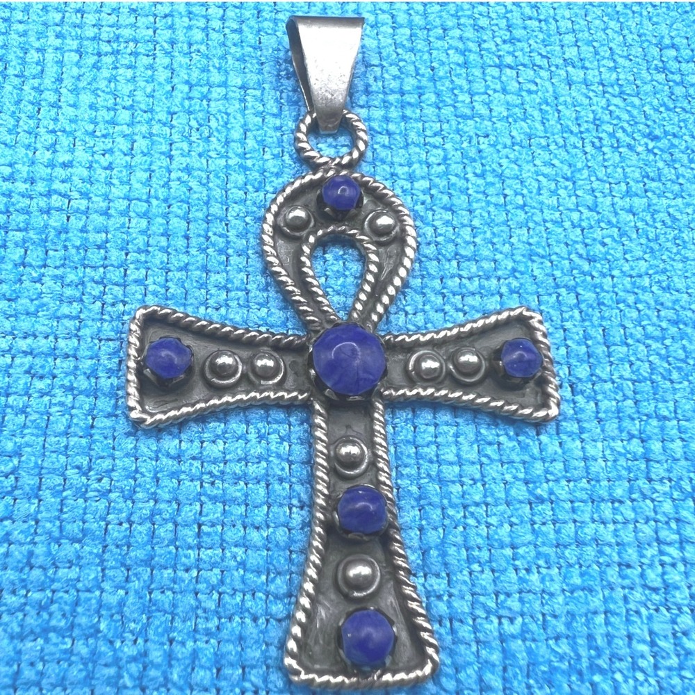 Vtg TAXCO‎ ANKH Amulet Pendant Sterling Silver Lapis Lazuli Dog Tooth Settings